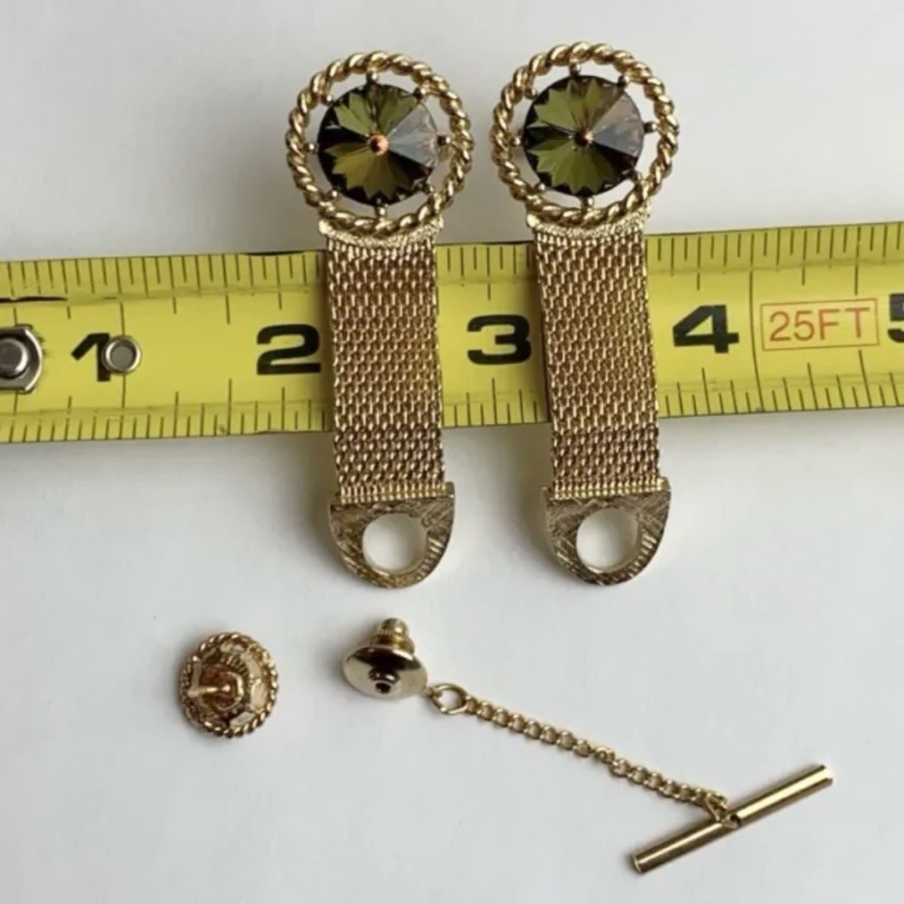 Vintage Watermelon Rivoli Cufflinks Tie Tack Gold Tone Mesh Wrap Around Cuff - Picture 6 of 6
